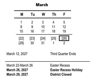 District School Academic Calendar for Grange Middle for March 2027