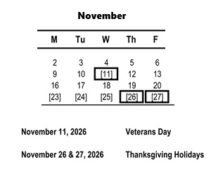 District School Academic Calendar for Grange Middle for November 2026