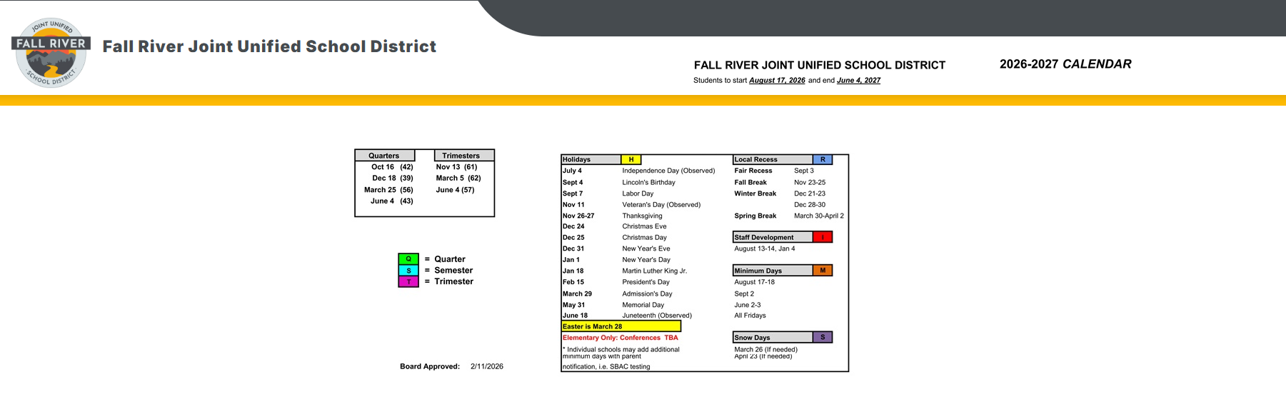 District School Academic Calendar Key for Burney Junior-senior High
