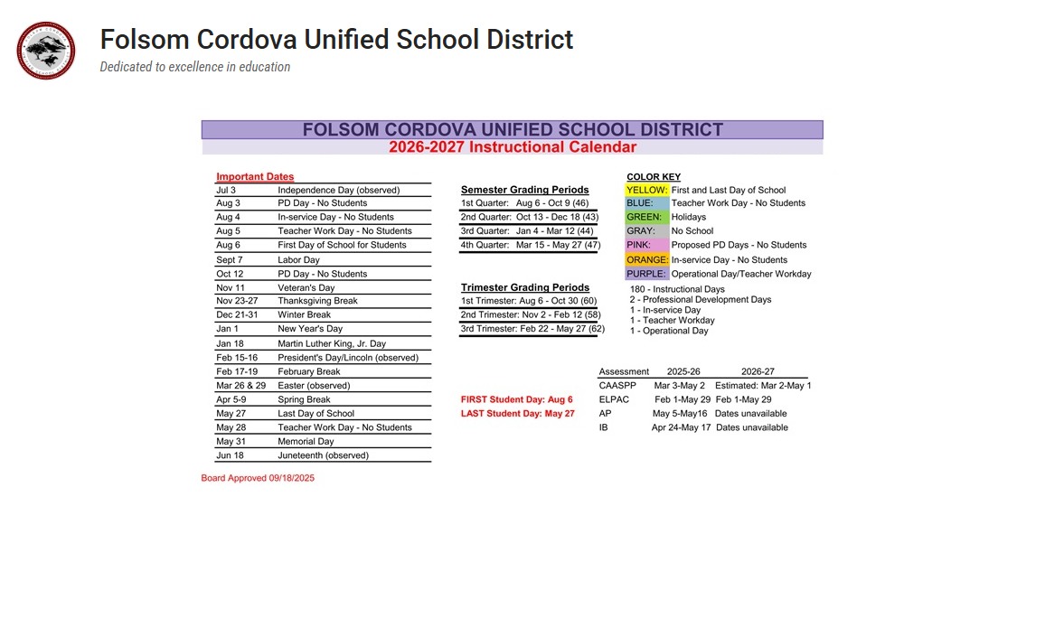 District School Academic Calendar Key for Cordova High