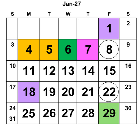 District School Academic Calendar for Bluewater Elementary for January 2027