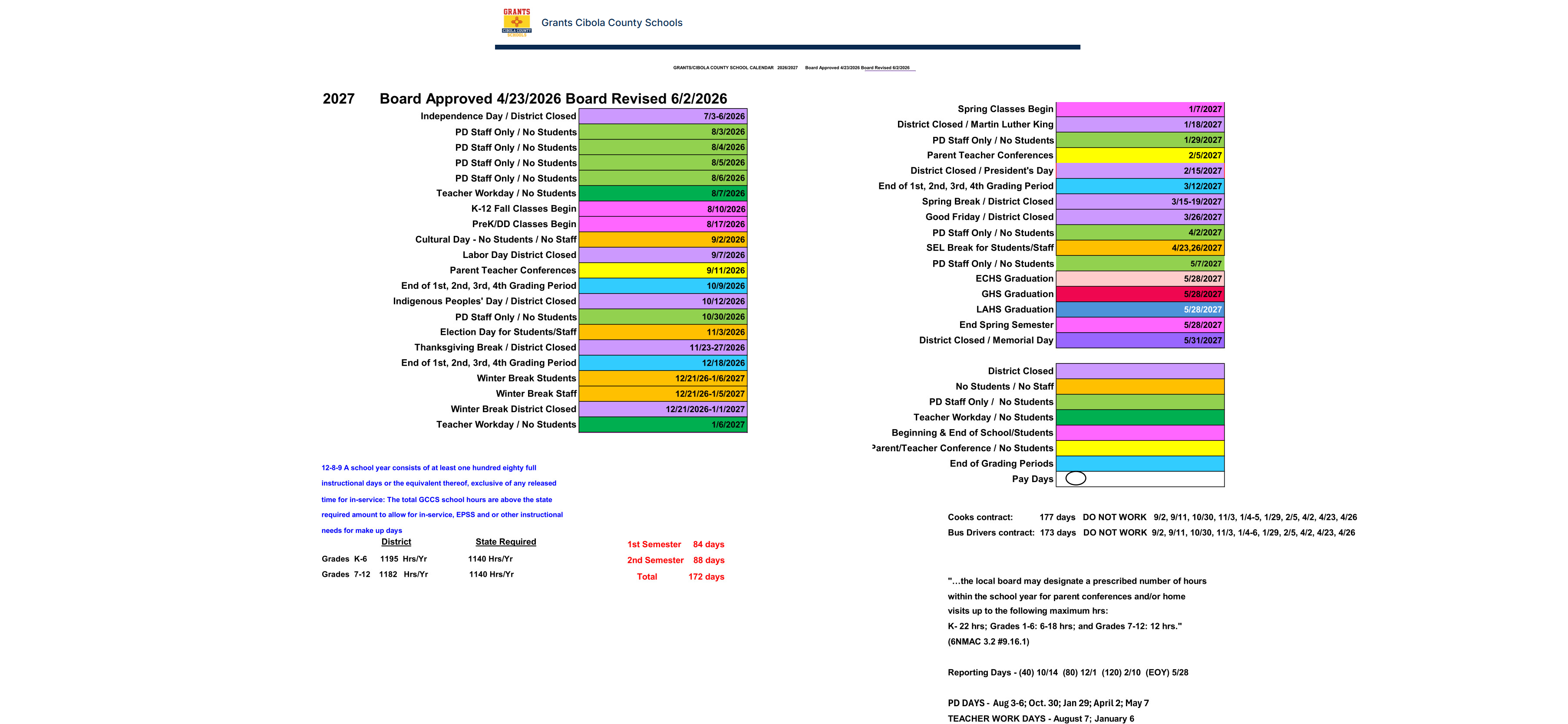 District School Academic Calendar Key for Bluewater Elementary