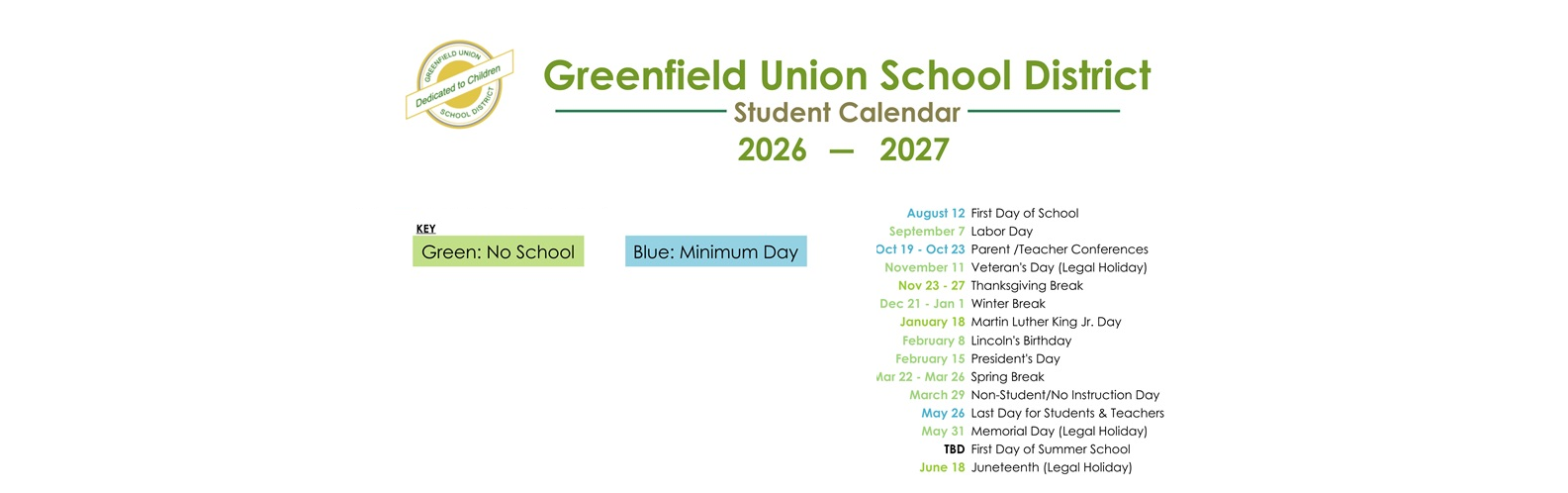 District School Academic Calendar Key for Horizon Elementary