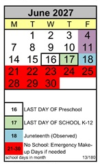 District School Academic Calendar for Ancillary for June 2027
