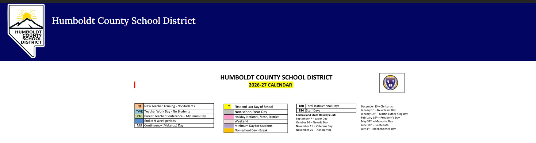 District School Academic Calendar Key for Orovada School