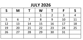 District School Academic Calendar for Thomas Miller Elementary Sch for July 2026
