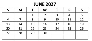 District School Academic Calendar for Thomas Miller Elementary Sch for June 2027