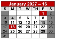 District School Academic Calendar for Bridge Academy Chart for January 2027
