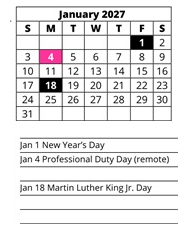 District School Academic Calendar for Cape Elementary School for January 2027