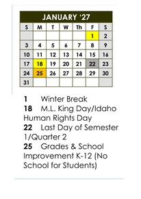 District School Academic Calendar for Centennial Elementary School for January 2027