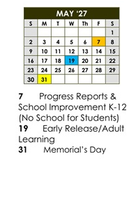 District School Academic Calendar for Centennial Elementary School for May 2027