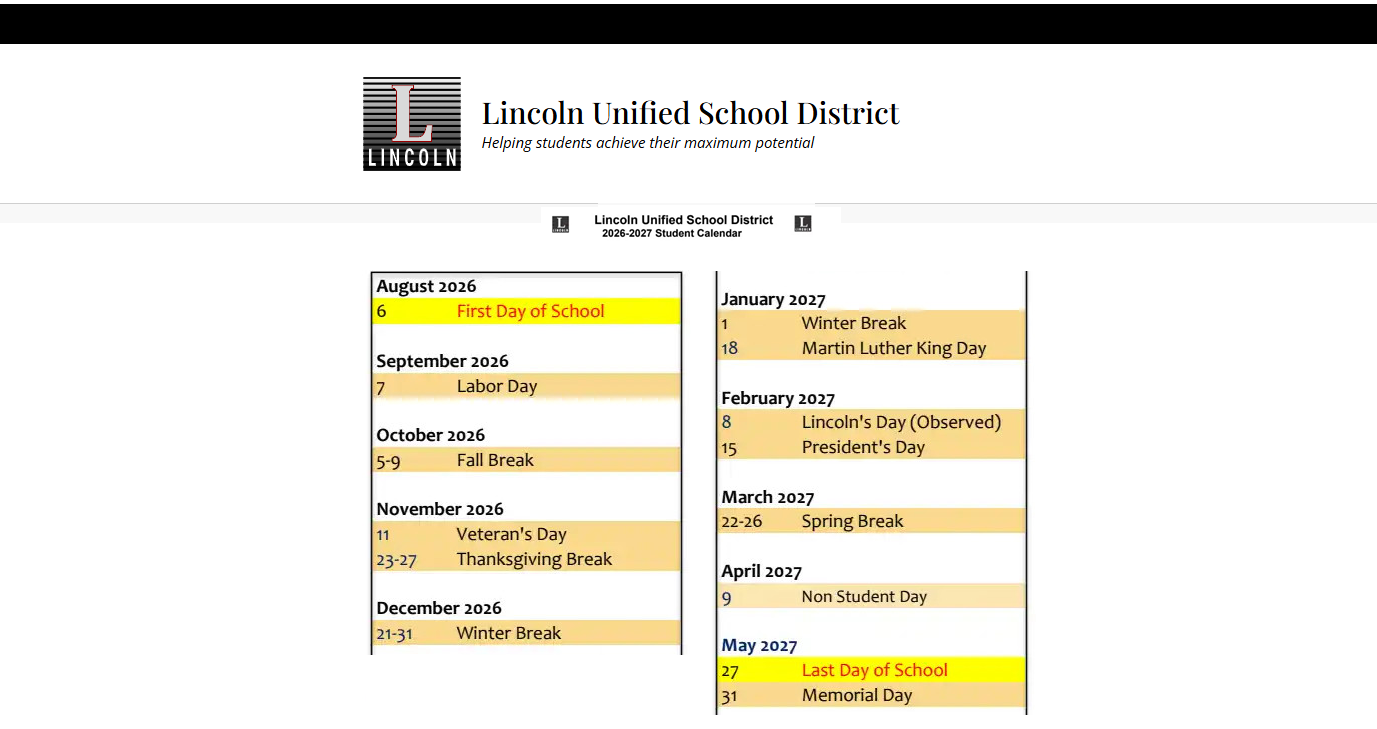 District School Academic Calendar Key for Lincoln High