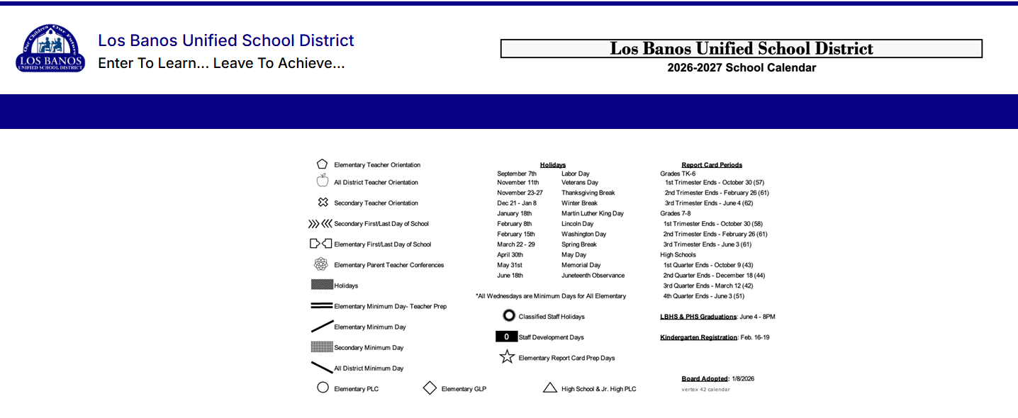 District School Academic Calendar Key for Los Banos High