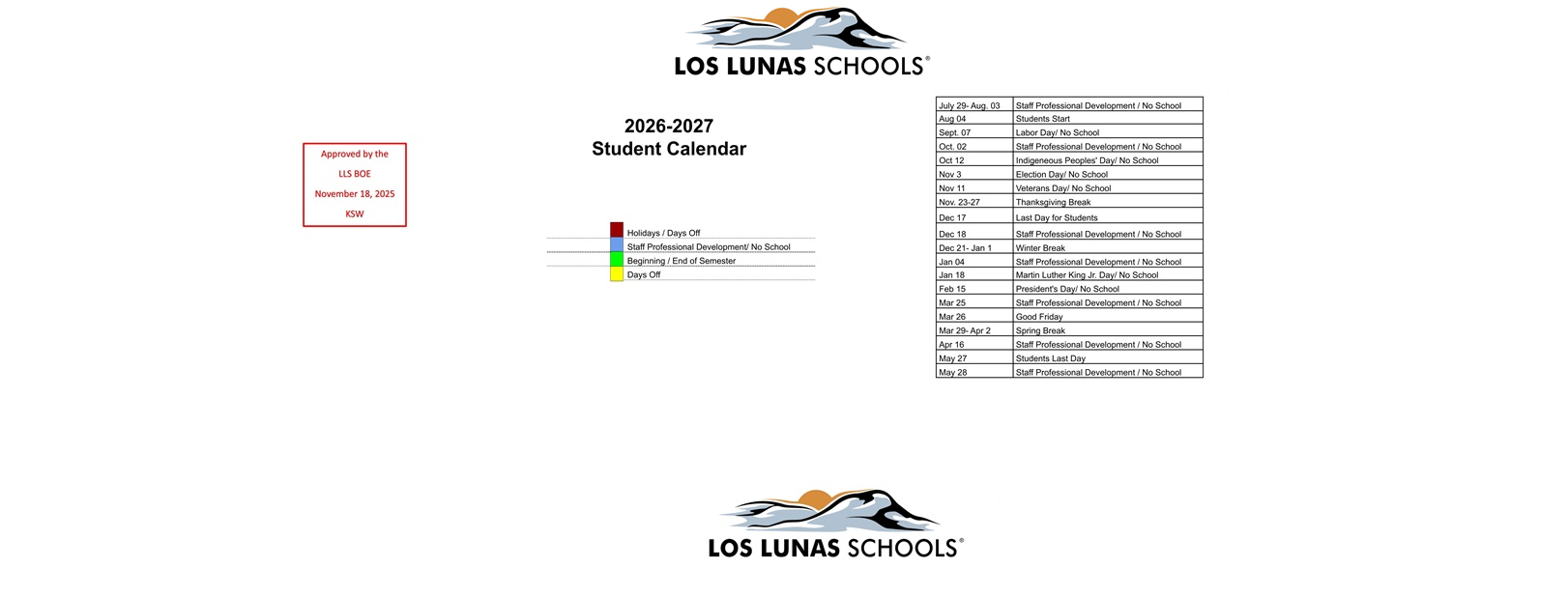 District School Academic Calendar Key for Peralta Elementary
