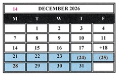 District School Academic Calendar for Helen Keller Elementary for December 2026