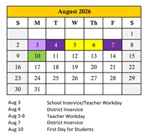 District School Academic Calendar for Orange Ridge-bullock Elementary for August 2026