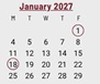 District School Academic Calendar for Manchester Developmental Pre-school for January 2027