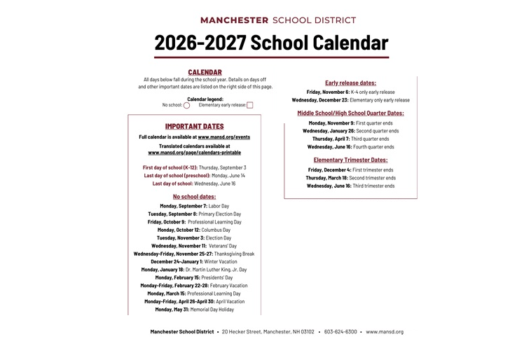 District School Academic Calendar Key for Manchester Developmental Pre-school