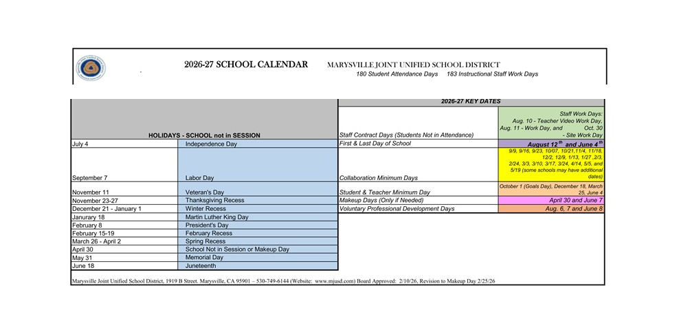 District School Academic Calendar Key for Marysville High