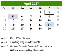 District School Academic Calendar for Kennedy Elementary School for April 2027