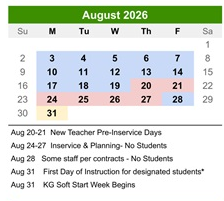 District School Academic Calendar for Kennedy Elementary School for August 2026