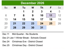 District School Academic Calendar for Kennedy Elementary School for December 2026