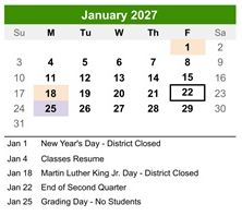 District School Academic Calendar for Kennedy Elementary School for January 2027