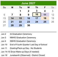 District School Academic Calendar for Kennedy Elementary School for June 2027
