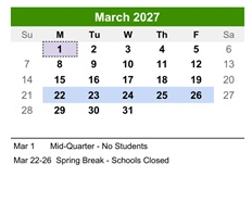 District School Academic Calendar for Kennedy Elementary School for March 2027