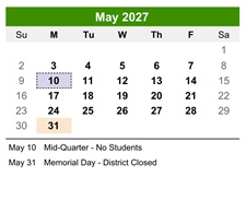 District School Academic Calendar for Kennedy Elementary School for May 2027