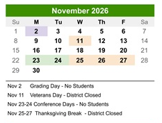 District School Academic Calendar for Kennedy Elementary School for November 2026