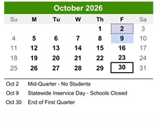 District School Academic Calendar for Kennedy Elementary School for October 2026