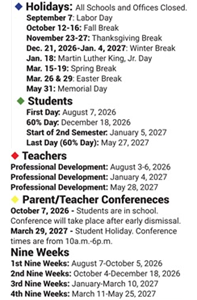 District School Academic Calendar Legend for Marion Park Complex