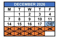 District School Academic Calendar for M. A. Milam K-8 Center for December 2026