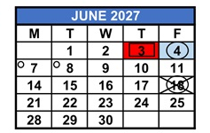 District School Academic Calendar for M. A. Milam K-8 Center for June 2027