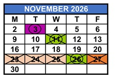 District School Academic Calendar for M. A. Milam K-8 Center for November 2026