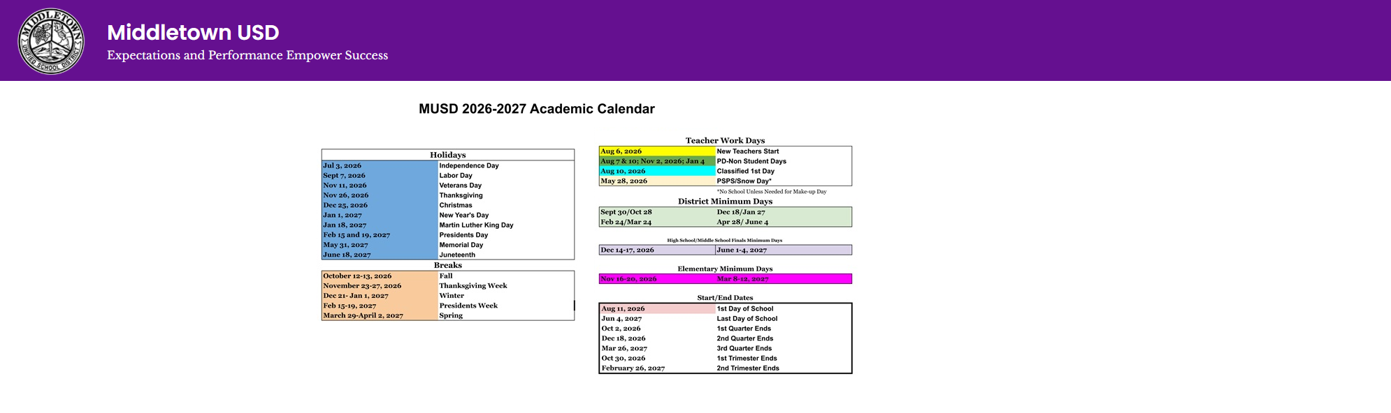 District School Academic Calendar Key for Coyote Valley Elementary