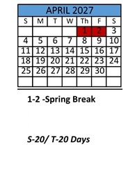 District School Academic Calendar for Robert E Lee Intermediate Elementary School for April 2027