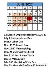 District School Academic Calendar for Robert E Lee Intermediate Elementary School for June 2027