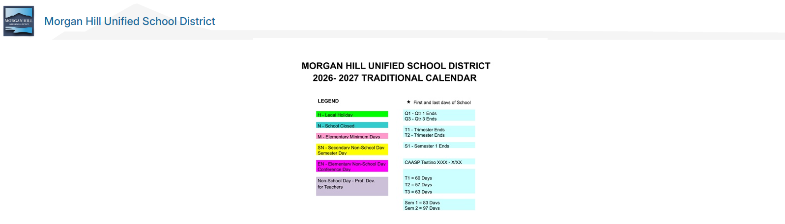 District School Academic Calendar Key for Advent Academy