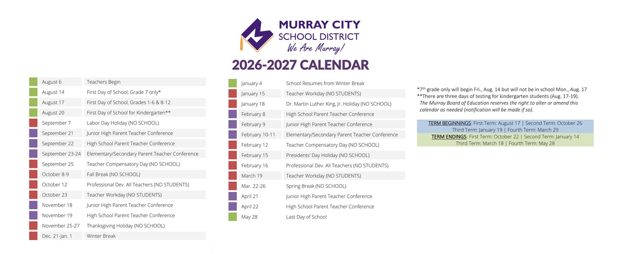 District School Academic Calendar Key for Murray Adult Transition