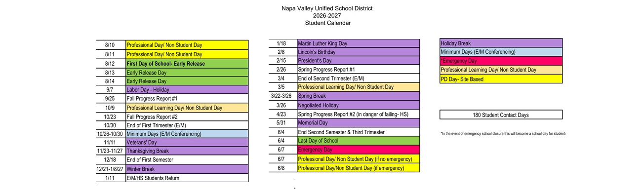 District School Academic Calendar Key for Napa Valley Alternative School