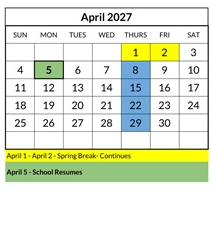 District School Academic Calendar for Kimball Elementary for April 2027
