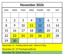 District School Academic Calendar for Kimball Elementary for November 2026
