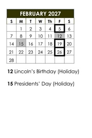 District School Academic Calendar for DR. J. Michael Mcgrath Elementary for February 2027