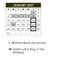 District School Academic Calendar for DR. J. Michael Mcgrath Elementary for January 2027