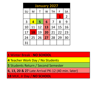 District School Academic Calendar for Noblesville High School for January 2027