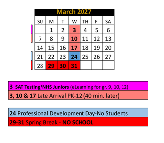 District School Academic Calendar for Noblesville High School for March 2027