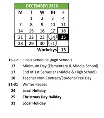 District School Academic Calendar for Johnston (D. D.) Elementary for December 2026