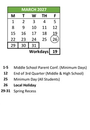 District School Academic Calendar for Johnston (D. D.) Elementary for March 2027